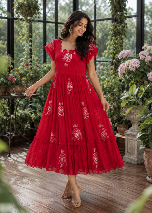 Beautiful Vacation wear Red Chiffon Frock