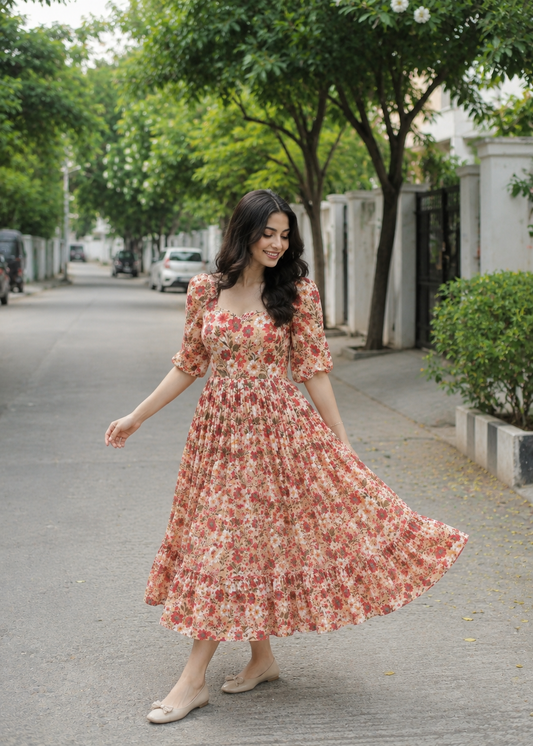 Calf Length Georgette Frock – Flowy Midi Ethnic Dress