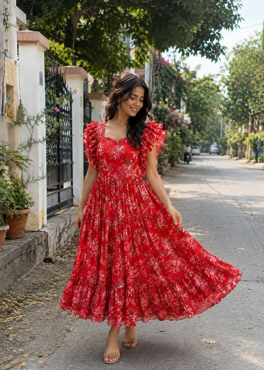 Chinon Fabric Flared Frock – Elegant Casual Ethnic Dress
