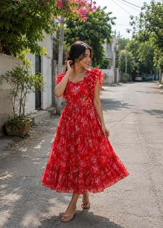 Chinon Fabric Flared Frock – Elegant Casual Ethnic Dress