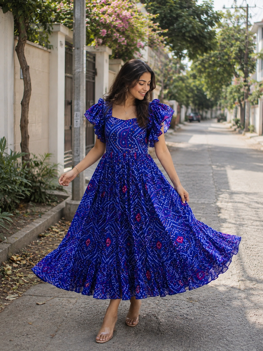 Bandhani Ruffle Sleeve Frock – Traditional Tie-Dye Casual Ethnic Dress
