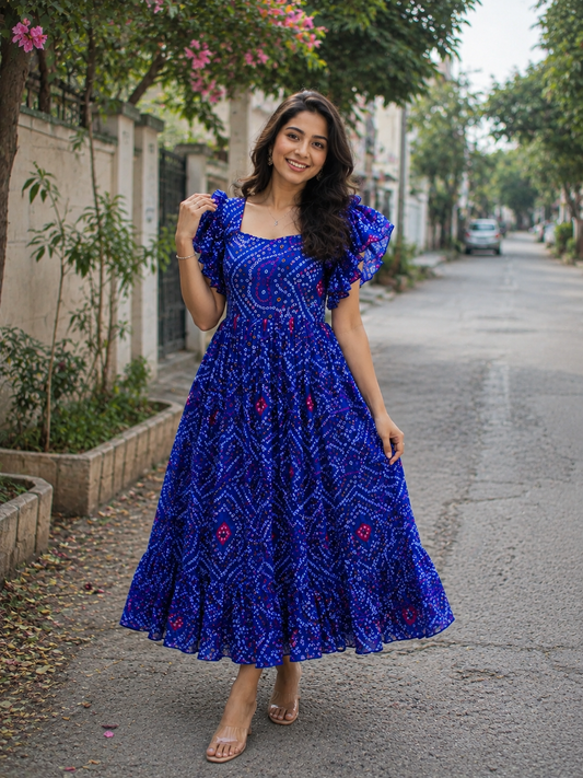 Bandhani Ruffle Sleeve Frock – Traditional Tie-Dye Casual Ethnic Dress