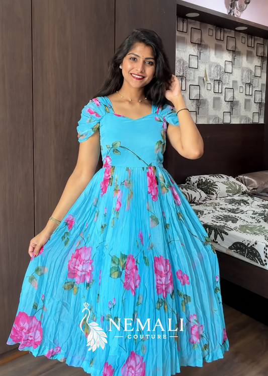 Blue Rose Chiffon Frock – Casual Floral Ethnic Wear