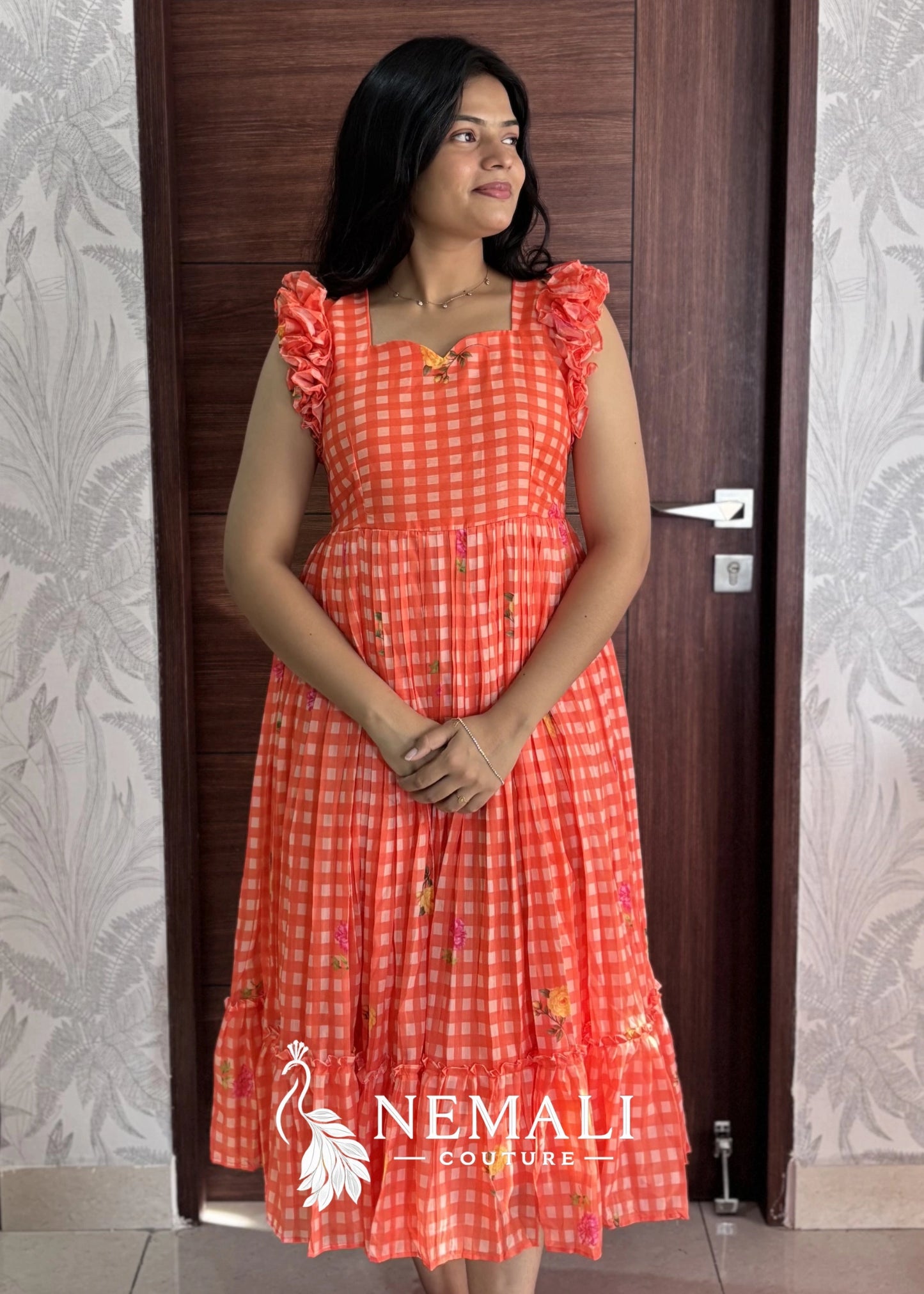 Cute Orange colour Mul Chanderi frock
