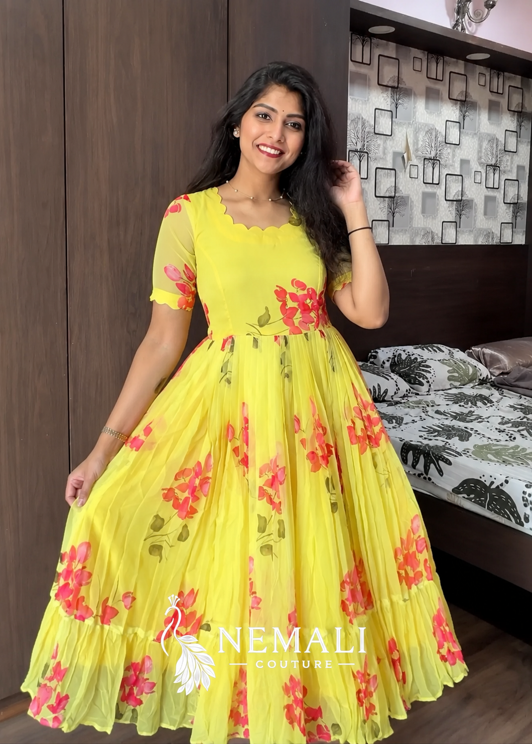Yellow Rose Chiffon Frock – Bright Floral Casual Ethnic Wear