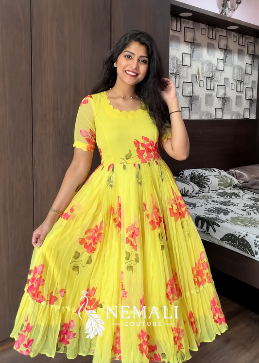 Yellow Rose Chiffon Frock – Bright Floral Casual Ethnic Wear