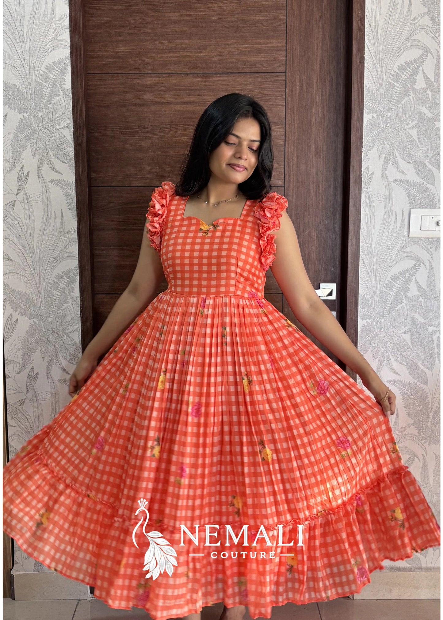 Cute Orange colour Mul Chanderi frock