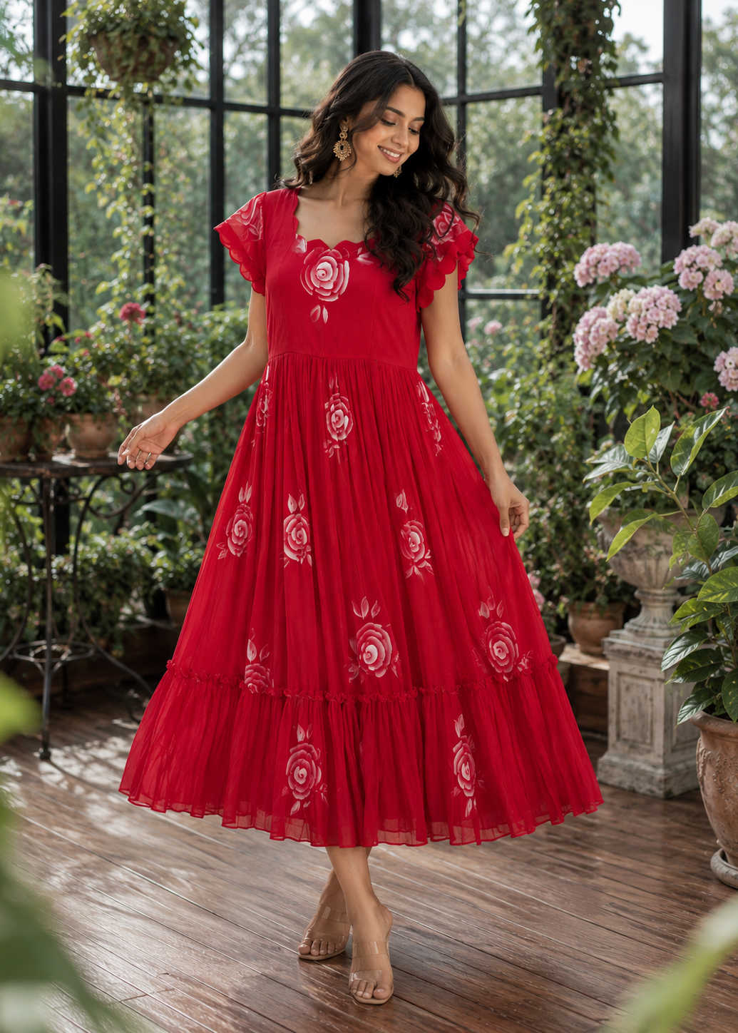 Beautiful Vacation wear Red Chiffon Frock