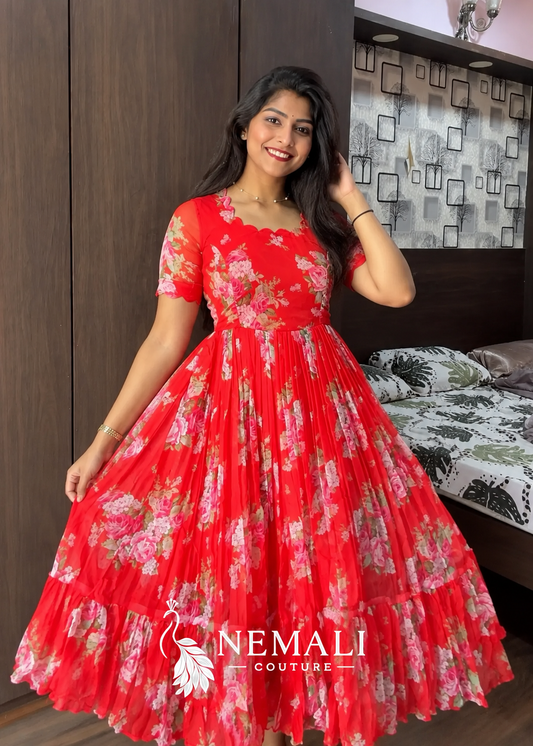 Red Rose Chiffon Frock – Floral Casual Ethnic Wear