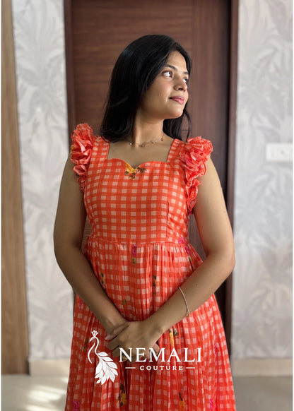Cute Orange colour Mul Chanderi frock