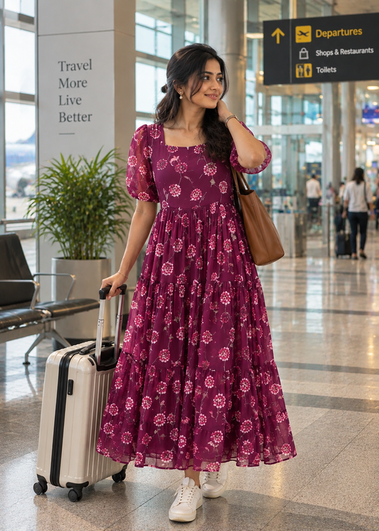Half Sleeve Square Neck Chinon Frock – Trendy Casual Ethnic Dress