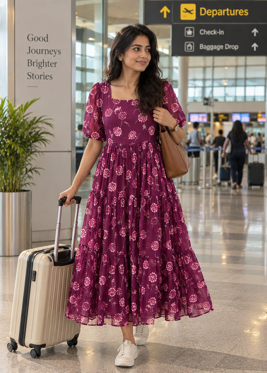 Half Sleeve Square Neck Chinon Frock – Trendy Casual Ethnic Dress