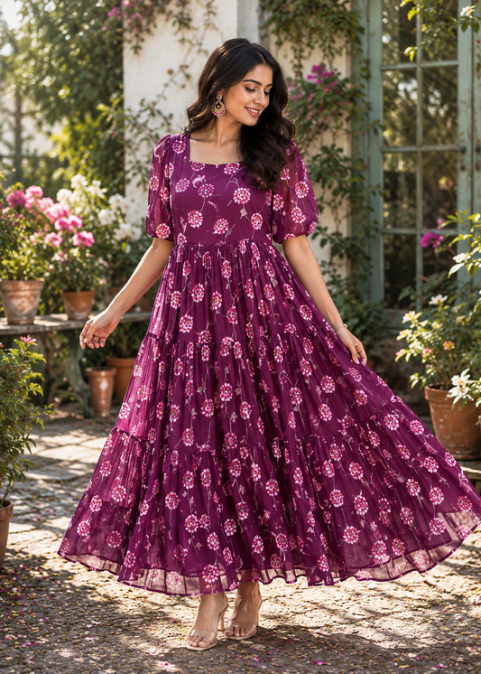 Half Sleeve Square Neck Chinon Frock
