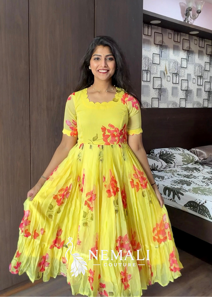 Yellow Rose Chiffon Frock – Bright Floral Casual Ethnic Wear