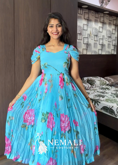 Blue Rose Chiffon Frock – Casual Floral Ethnic Wear